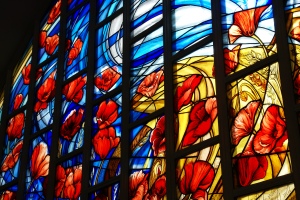 WW1 memorial Remembrance window at St John's School, Leatherhead, Surrey UK